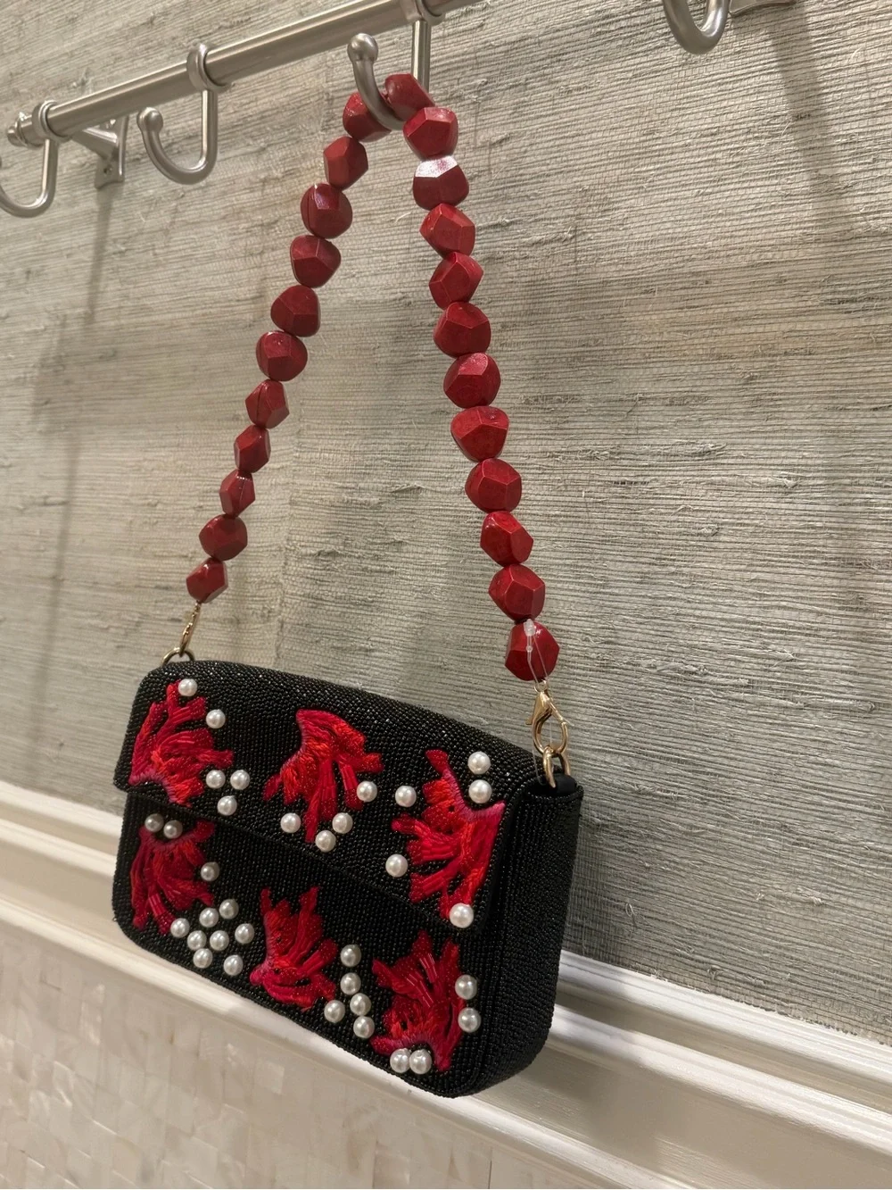 New Beaded shoulder Bag black with red coral white stone handle purse embroidery